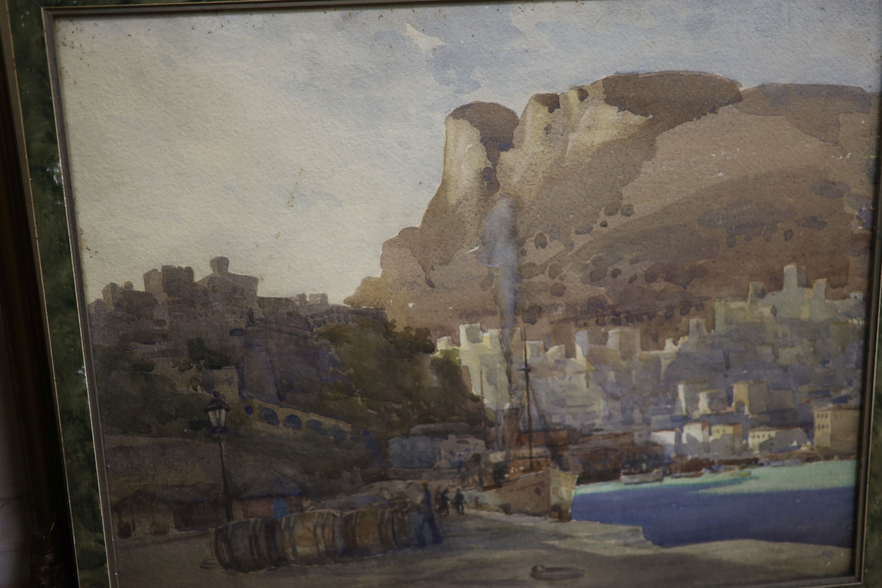 J.H. Young, pastel, View of an Italian town, signed, 34 x 39cm, together with seven other assorted works by the same hand